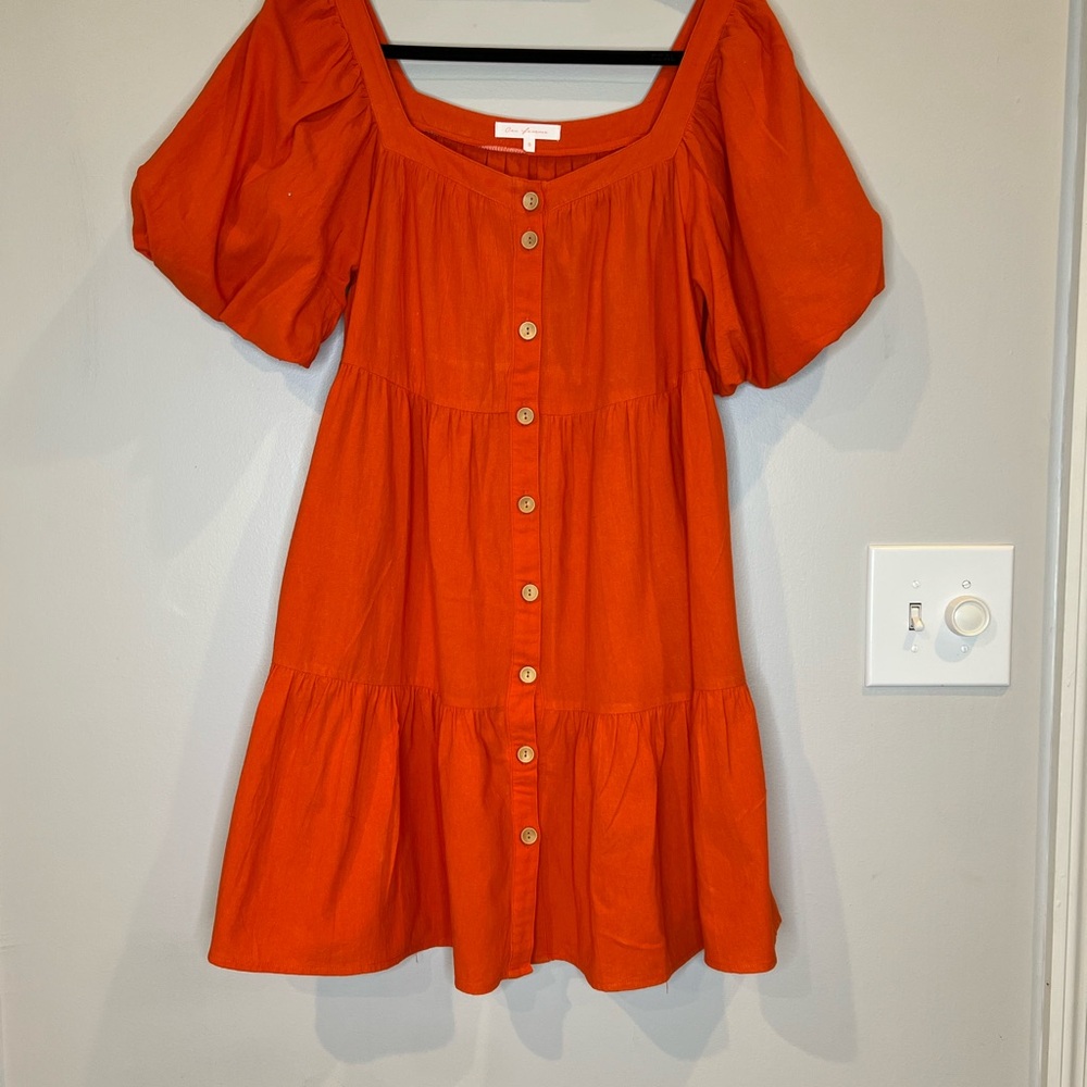 Ces Femme Orange Tiered Puff Sleeve Sundress